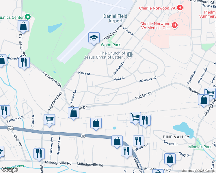 map of restaurants, bars, coffee shops, grocery stores, and more near 2151 Hillsinger Road in Augusta