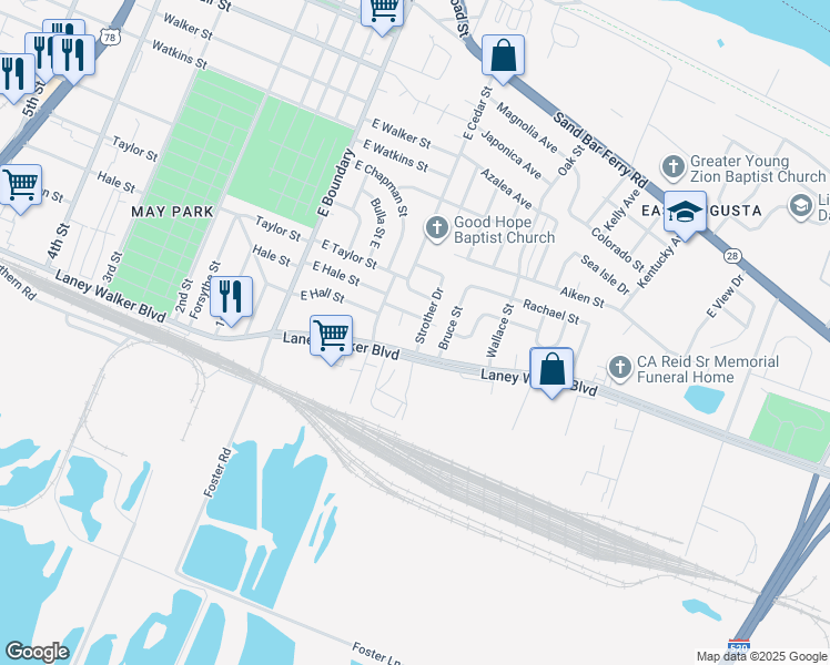 map of restaurants, bars, coffee shops, grocery stores, and more near 831 Strother Drive in Augusta