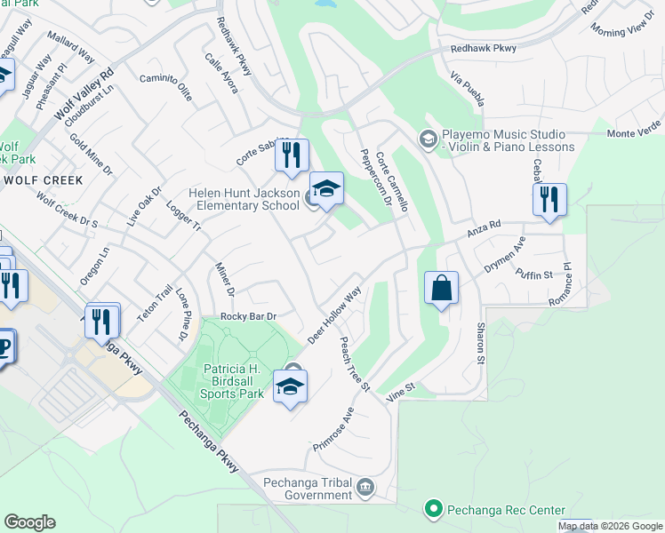 map of restaurants, bars, coffee shops, grocery stores, and more near 46197 Via La Tranquila in Temecula