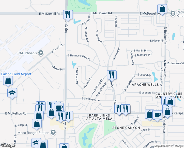 map of restaurants, bars, coffee shops, grocery stores, and more near 2310 North Lema Drive in Mesa