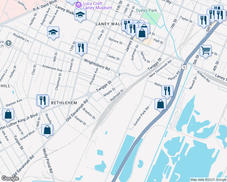 map of restaurants, bars, coffee shops, grocery stores, and more near 1506 Maple Street in Augusta
