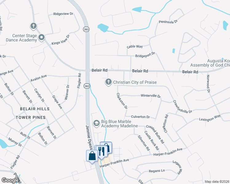 map of restaurants, bars, coffee shops, grocery stores, and more near 2005 Clarkston Drive in Augusta