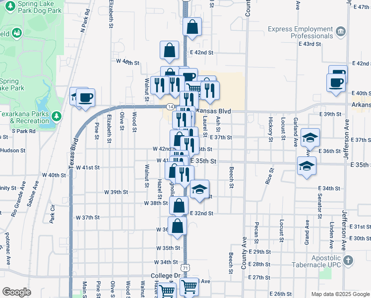 map of restaurants, bars, coffee shops, grocery stores, and more near 100 East 36th Street in Texarkana