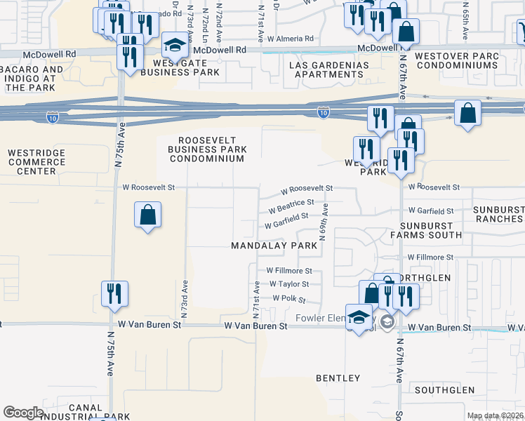 map of restaurants, bars, coffee shops, grocery stores, and more near 7040 West Beatrice Street in Phoenix