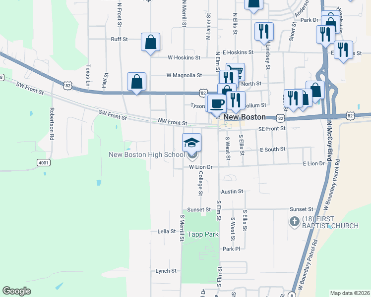 map of restaurants, bars, coffee shops, grocery stores, and more near 111 South Merrill Street in New Boston