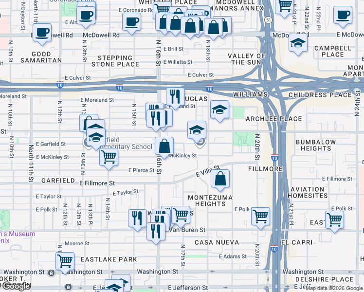 map of restaurants, bars, coffee shops, grocery stores, and more near 1645 East Garfield Street in Phoenix
