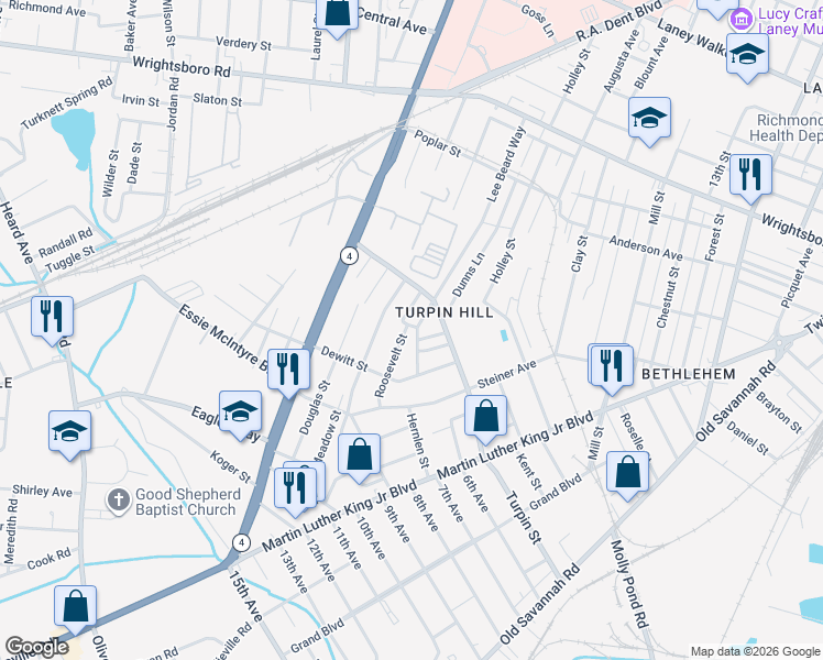 map of restaurants, bars, coffee shops, grocery stores, and more near 1624 Carpenter Street in Augusta