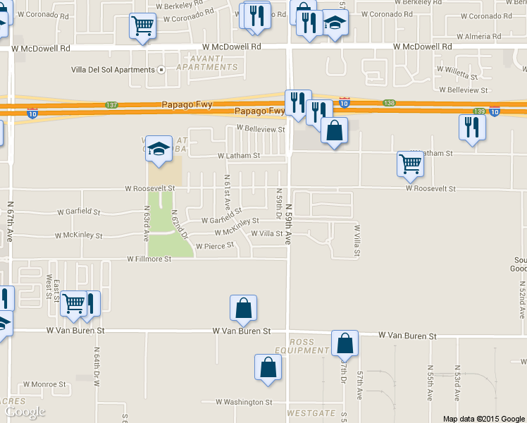 map of restaurants, bars, coffee shops, grocery stores, and more near 5925 W Garfield St in Phoenix