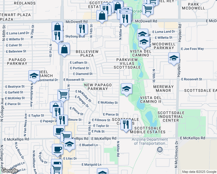 map of restaurants, bars, coffee shops, grocery stores, and more near 7507 East Beatrice Street in Scottsdale