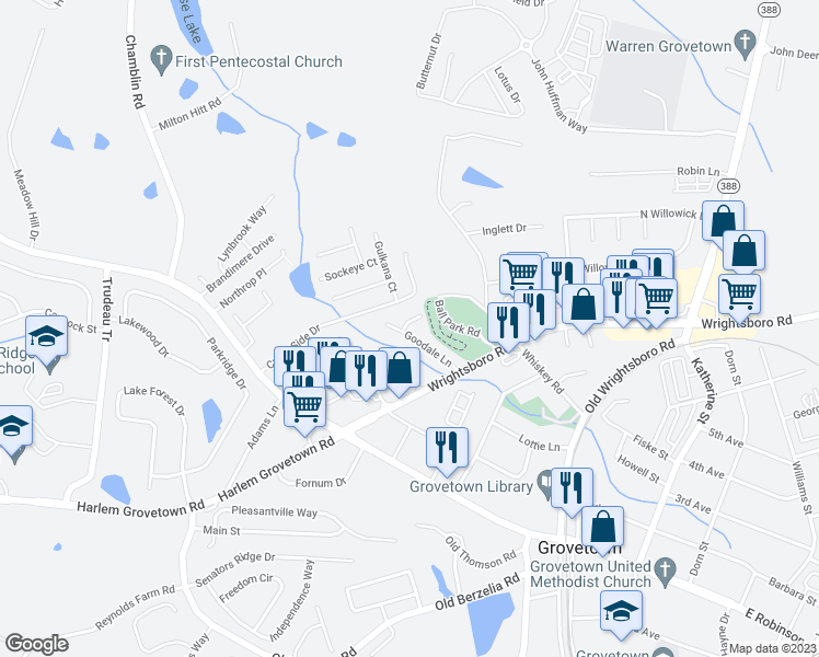 map of restaurants, bars, coffee shops, grocery stores, and more near 631 Goodale Lane in Grovetown