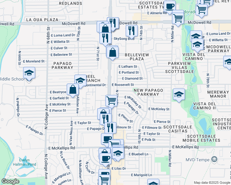 map of restaurants, bars, coffee shops, grocery stores, and more near 902 North 72nd Place in Scottsdale