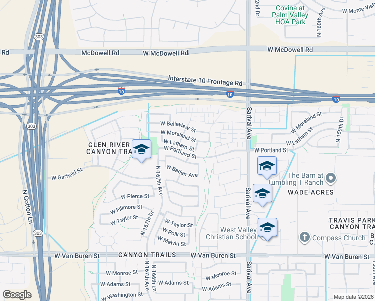 map of restaurants, bars, coffee shops, grocery stores, and more near 16573 West Latham Street in Goodyear