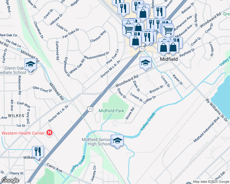 map of restaurants, bars, coffee shops, grocery stores, and more near 400 Breland Drive in Midfield