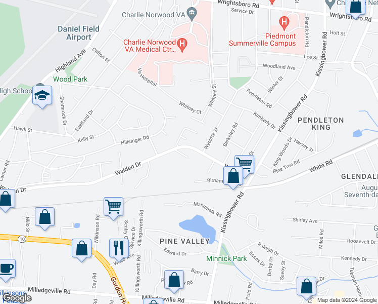map of restaurants, bars, coffee shops, grocery stores, and more near 2236 Walden Drive in Augusta
