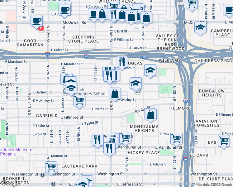 map of restaurants, bars, coffee shops, grocery stores, and more near 1613 East Garfield Street in Phoenix