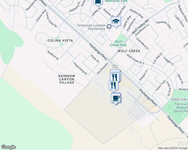 map of restaurants, bars, coffee shops, grocery stores, and more near 31360 Vía Eduardo in Temecula