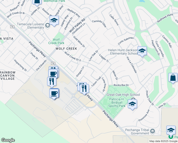 map of restaurants, bars, coffee shops, grocery stores, and more near 32001 Whitetail Lane in Temecula