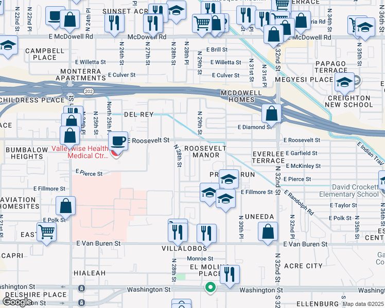 map of restaurants, bars, coffee shops, grocery stores, and more near 2821 East Garfield Street in Phoenix