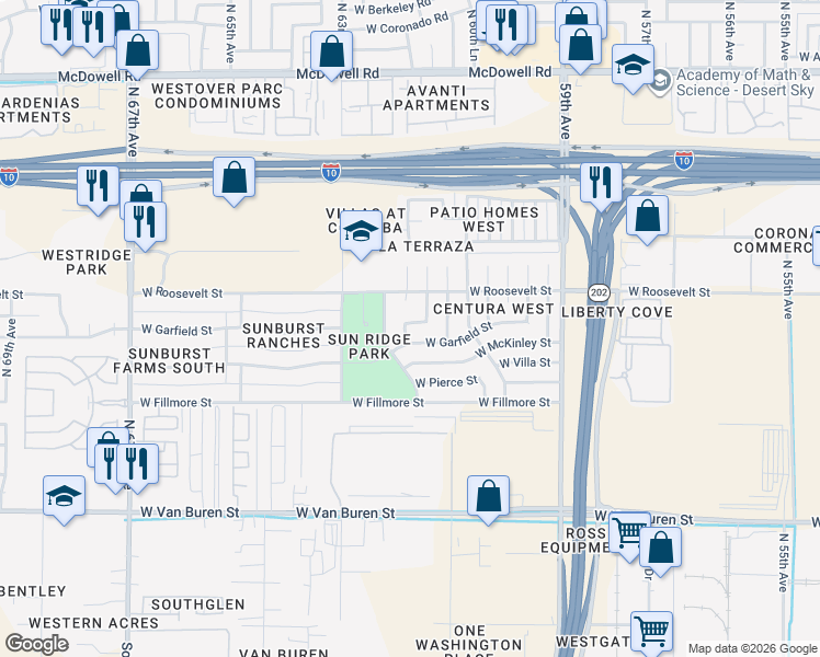 map of restaurants, bars, coffee shops, grocery stores, and more near 6155 West Beatrice Street in Phoenix