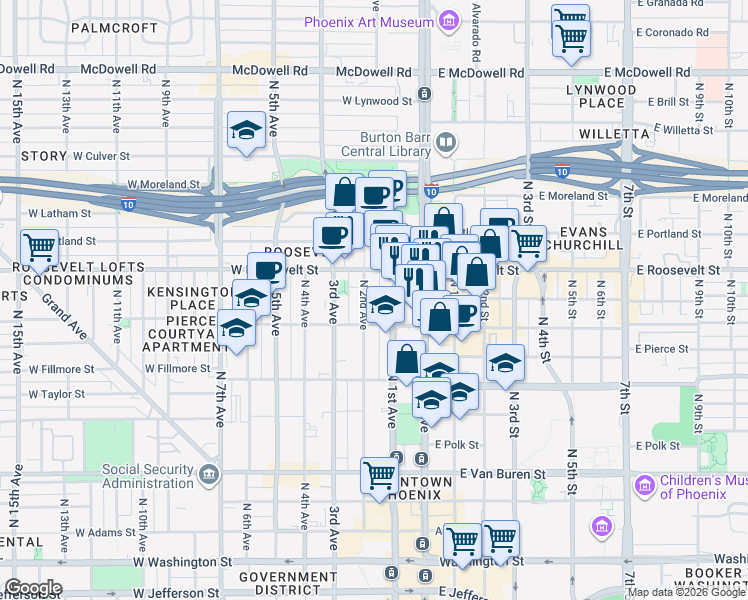 map of restaurants, bars, coffee shops, grocery stores, and more near 822 North 1st Avenue in Phoenix