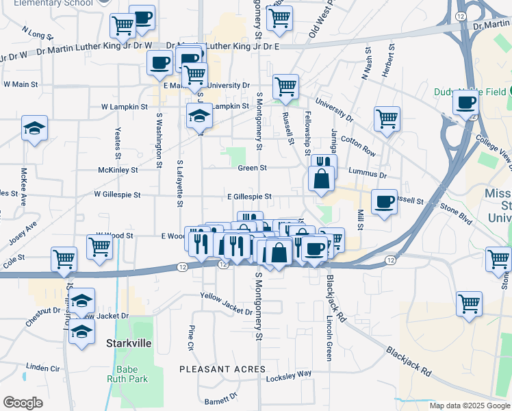 map of restaurants, bars, coffee shops, grocery stores, and more near 512 South Montgomery Street in Starkville