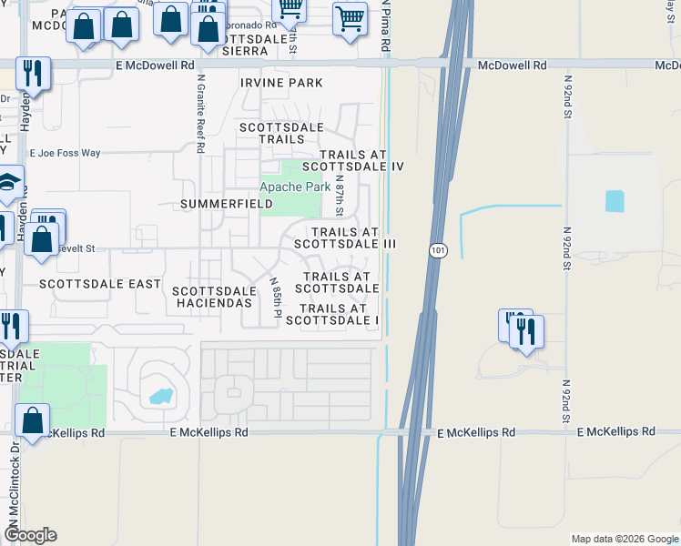 map of restaurants, bars, coffee shops, grocery stores, and more near 8695 East Roosevelt Circle in Scottsdale