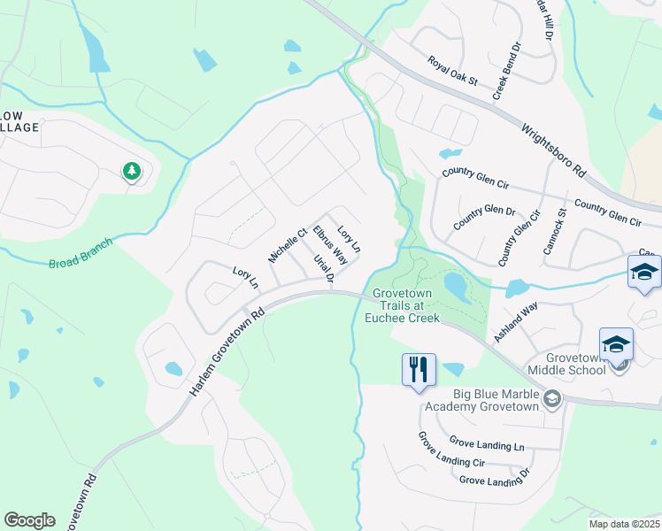map of restaurants, bars, coffee shops, grocery stores, and more near 404 Urial Drive in Grovetown