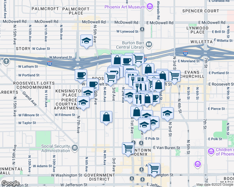 map of restaurants, bars, coffee shops, grocery stores, and more near 816 North 2nd Avenue in Phoenix