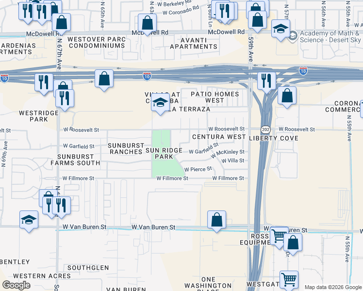 map of restaurants, bars, coffee shops, grocery stores, and more near 6155 West Beatrice Street in Phoenix