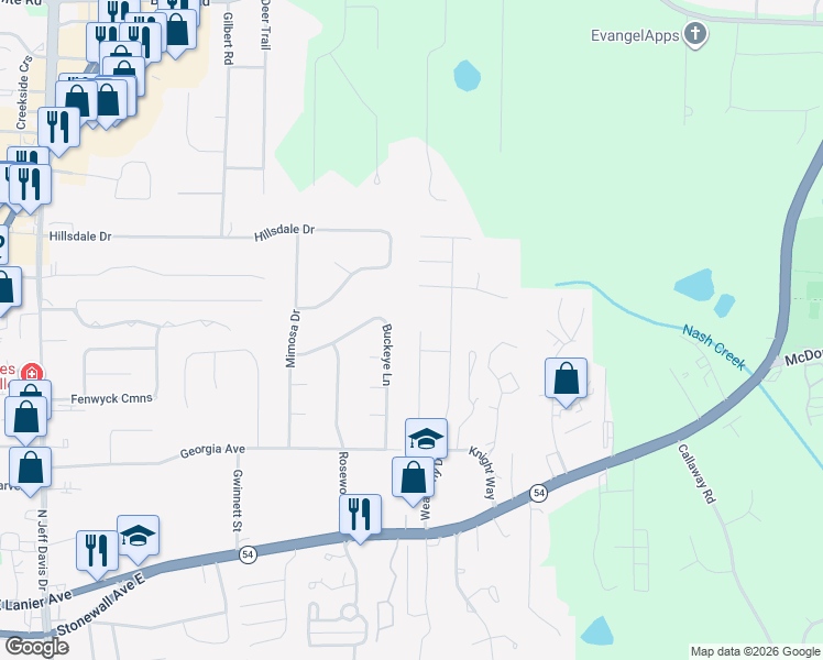 map of restaurants, bars, coffee shops, grocery stores, and more near 205 Buckeye Lane in Fayetteville