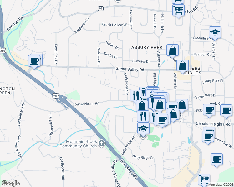 map of restaurants, bars, coffee shops, grocery stores, and more near 1712 Pump House Lane in Vestavia Hills
