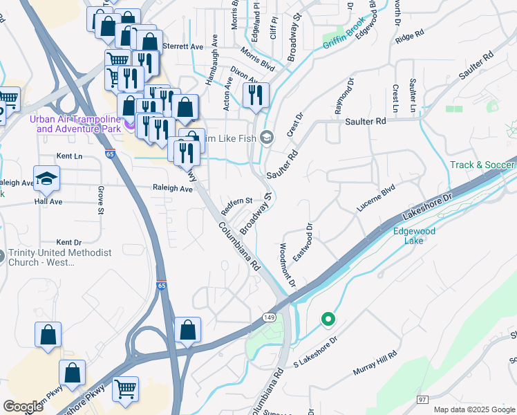 map of restaurants, bars, coffee shops, grocery stores, and more near 1004 Broadway Street in Homewood
