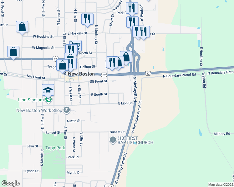 map of restaurants, bars, coffee shops, grocery stores, and more near 914 East South Street in New Boston