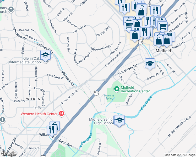 map of restaurants, bars, coffee shops, grocery stores, and more near 513 Woodward Road in Birmingham