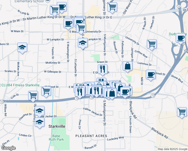 map of restaurants, bars, coffee shops, grocery stores, and more near 524 Vine Street in Starkville