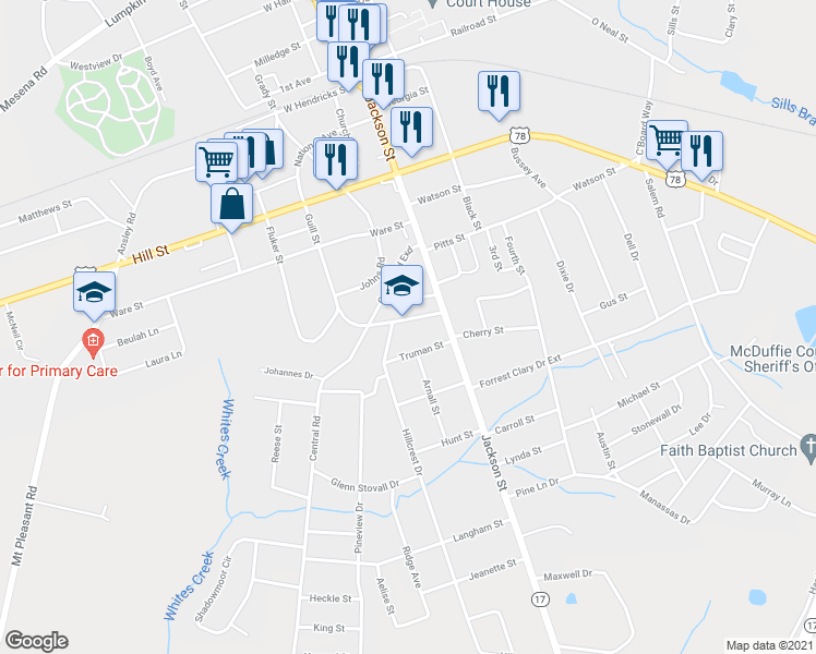 map of restaurants, bars, coffee shops, grocery stores, and more near 535 Guill Street in Thomson