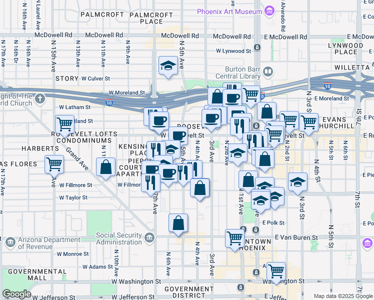 map of restaurants, bars, coffee shops, grocery stores, and more near 821 North 5th Avenue in Phoenix