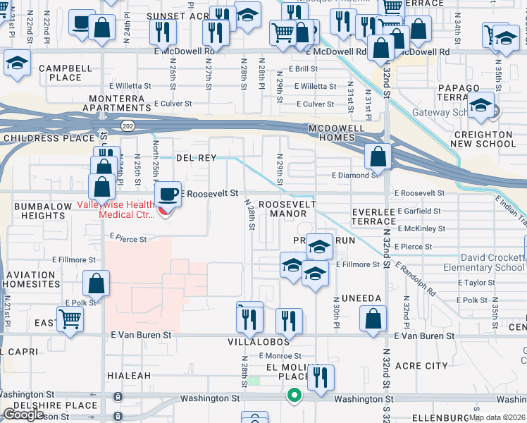 map of restaurants, bars, coffee shops, grocery stores, and more near 2821 East Garfield Street in Phoenix