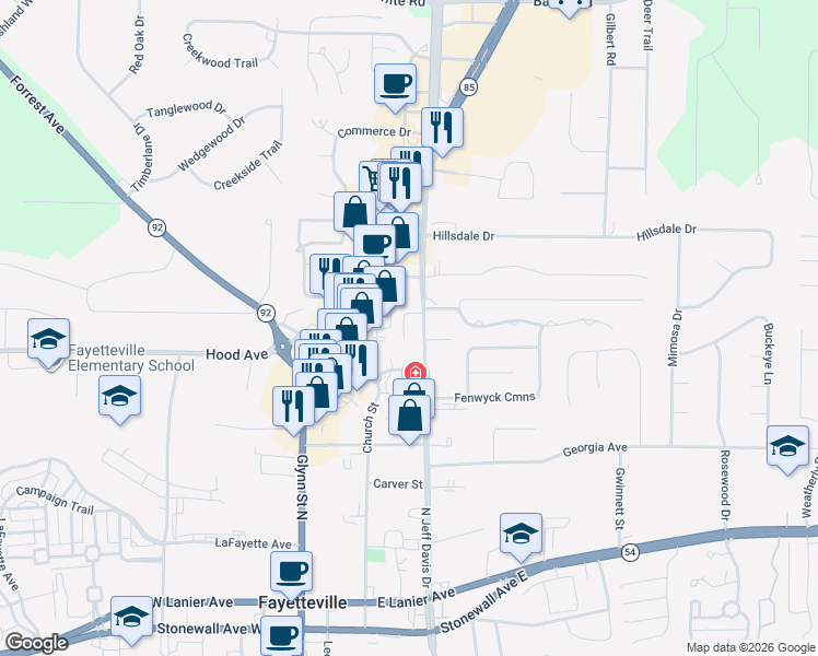 map of restaurants, bars, coffee shops, grocery stores, and more near 38 Intown Place in Fayetteville