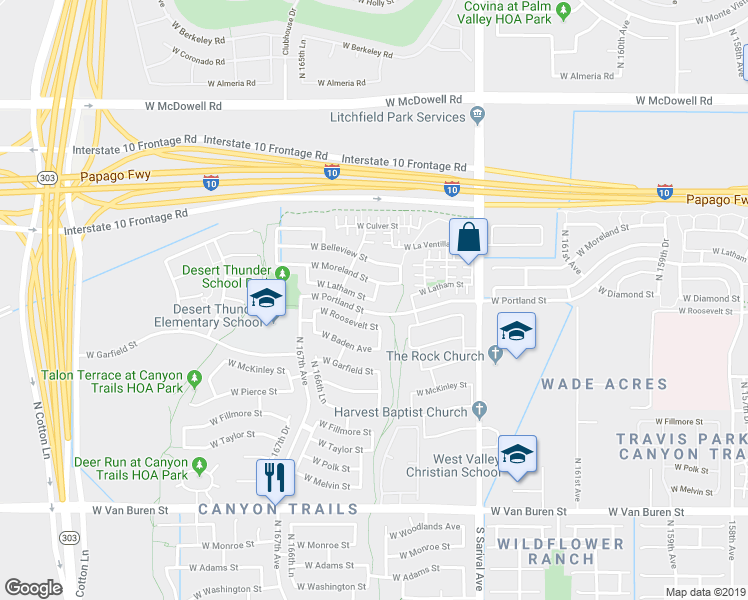 map of restaurants, bars, coffee shops, grocery stores, and more near 16399 West Latham Street in Goodyear