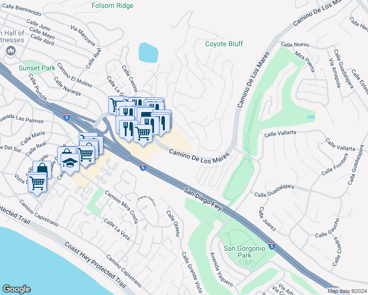 map of restaurants, bars, coffee shops, grocery stores, and more near 665 Camino De Los Mares in San Clemente