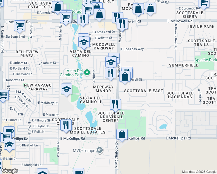 map of restaurants, bars, coffee shops, grocery stores, and more near 7855 East Beatrice Street in Scottsdale