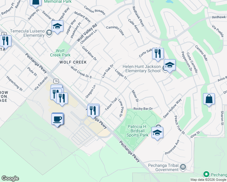 map of restaurants, bars, coffee shops, grocery stores, and more near 46802 Pinon Pine Way in Temecula