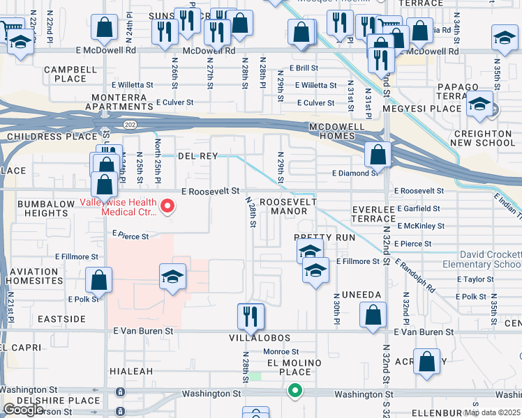 map of restaurants, bars, coffee shops, grocery stores, and more near 2821 East Garfield Street in Phoenix