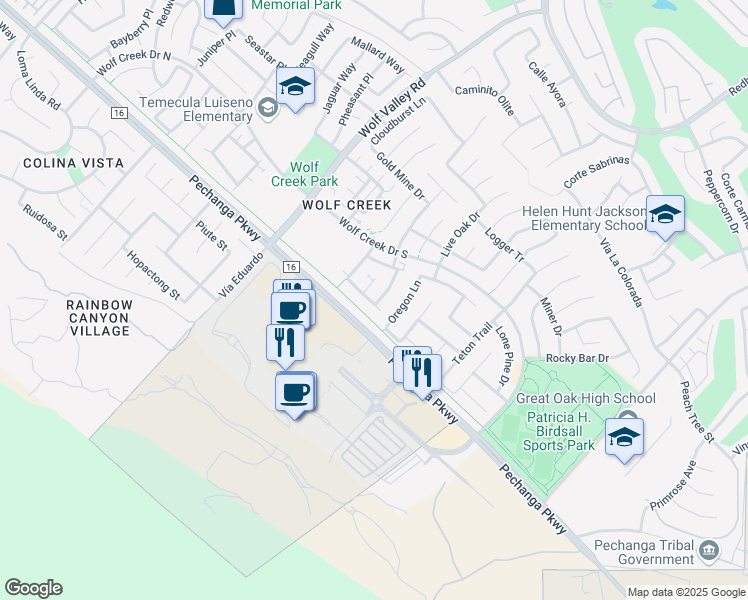 map of restaurants, bars, coffee shops, grocery stores, and more near 46220 Timbermine Lane in Temecula