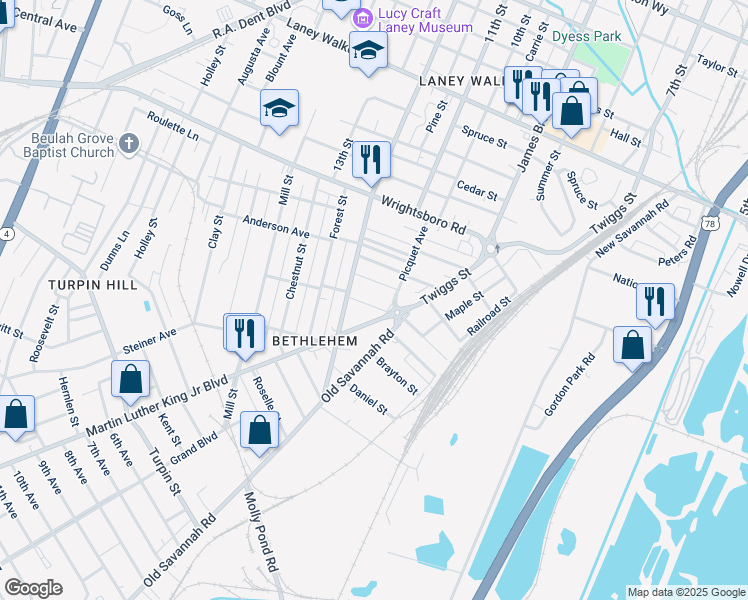 map of restaurants, bars, coffee shops, grocery stores, and more near 1117 Davis Street in Augusta