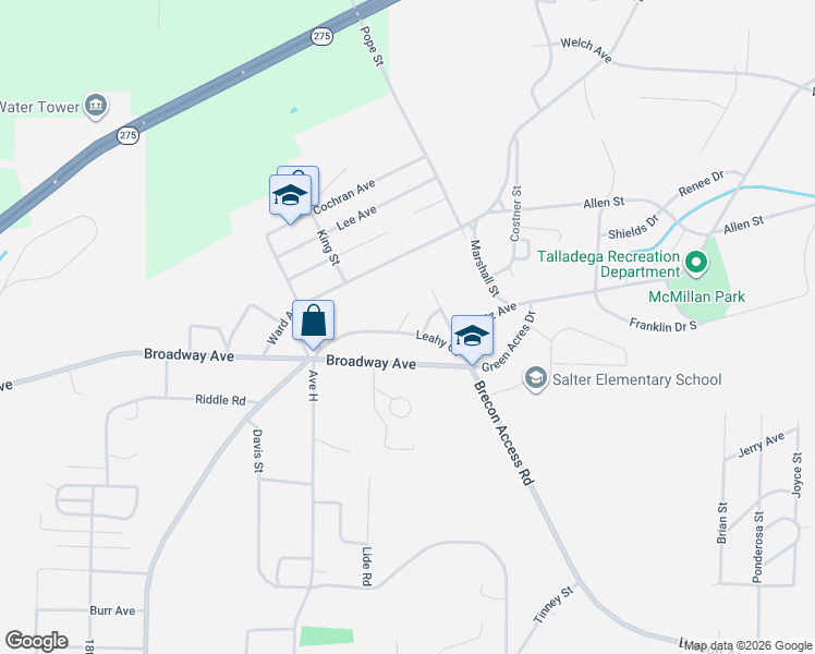 map of restaurants, bars, coffee shops, grocery stores, and more near 607 Leahy Circle in Talladega