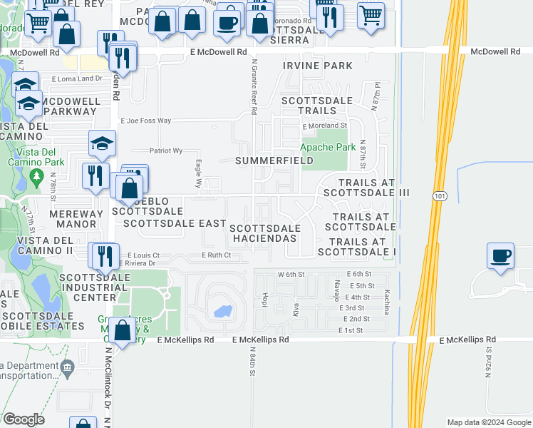 map of restaurants, bars, coffee shops, grocery stores, and more near 985 North Granite Reef Road in Scottsdale