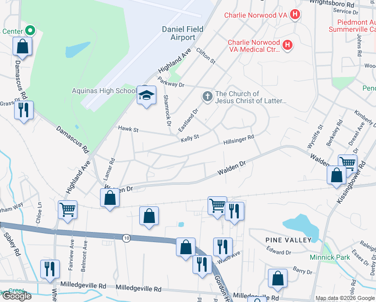 map of restaurants, bars, coffee shops, grocery stores, and more near 2139 Hillsinger Road in Augusta