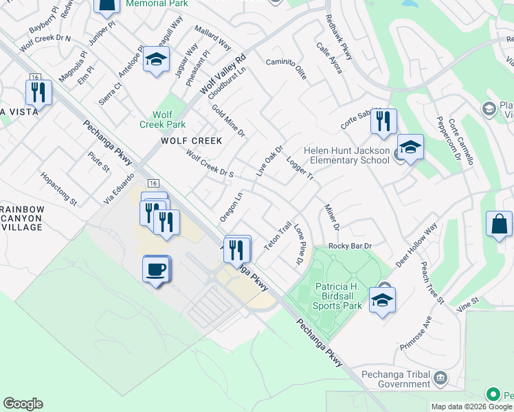 map of restaurants, bars, coffee shops, grocery stores, and more near 32001 Whitetail Lane in Temecula